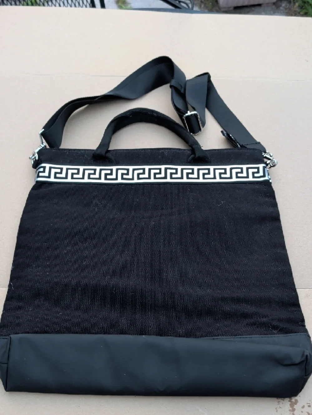 Versace Black & White Greek Key Lap Top Messenger Bag Canvas Chic Minimalist